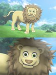 ambiguous_gender close-up creepy cursed_image death_stare empty_eyes expressionless green_eyes grin looking_at_viewer mane outside plant sharp_teeth smile soul_devouring_eyes teeth tree xamp6 teletubbies lion_(teletubbies) felid lion mammal pantherine hi_res