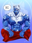 abs anthro big_muscles big_pecs blue_body blue_fur chest_fur clothed clothing dialogue fangs featureless_chest fur hair looking_at_viewer male markings muscular muscular_male one_eye_closed pecs red_clothing red_eyes solo speech_bubble teeth text topless white_body white_fur white_markings jabuhusky super_sentai uchu_sentai_kyuranger garu_(kyuranger) alien canid canine canis humanoid mammal wolf 2017 english_text hi_res