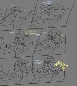 annoyed anthro bed dialogue duo electronics fur furniture gloves_(marking) hair lamp laugh male male/male markings multiple_panels multiple_poses musical_note musical_symbol nightstand nude open_mouth oral phone pose simple_background smile symbol tail text under_covers gazaster nintendo pokemon gams_(gazaster) lex_(gazaster) canid canine eeveelution felid feline generation_4_pokemon glaceon mammal pokemon_(species) shinx 2025 absurd_res comic digital_media_(artwork) english_text hi_res monochrome signature nonbinary_(lore)