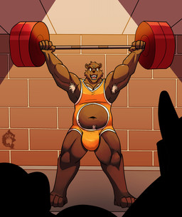anthro armpit_hair body_hair bulge chest_hair exercise male male_anthro musclegut muscular muscular_anthro muscular_male weightlifting workout thekinkybear bear mammal absurd_res hi_res