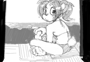 4_fingers 4_toes anthro beach bikini black_nose clothed clothing container countershade_face countershading cup feet female fingers flat_chested hair holding_container holding_cup holding_object looking_at_viewer looking_back looking_back_at_viewer ponytail rear_view simple_background sitting sitting_on_ground soles solo swimwear tail toes two-piece_swimsuit white_background young young_anthro young_female smekbo blizzard_entertainment warcraft li_li_stormstout bear mammal pandaren 2018 digital_drawing_(artwork) digital_media_(artwork) monochrome sketch