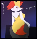 anthro black_body black_border black_fur border covering covering_crotch dialogue female fur presenting red_body red_fur simple_background solo teasing teasing_viewer text white_body white_fur yellow_body yellow_fur sillyniko nintendo pokemon braixen canid canine generation_6_pokemon mammal pokemon_(species) hi_res