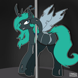 butt clothing dancing female feral hair horn insect_wings long_hair looking_at_viewer panties pole pole_dancing smile solo stripper stripper_pole underwear wings strangerdanger friendship_is_magic hasbro my_little_pony holometa arthropod changeling_(mlp) mammal 1:1 hi_res