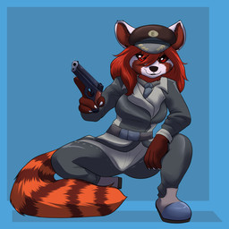 anthro clothed clothing crouching enclave_(fallout) female gun hair handgun holding_gun holding_object holding_ranged_weapon holding_weapon m1911 military military_hat military_uniform pistol ranged_weapon red_eyes red_hair simple_background solo tail uniform weapon el-gallo colt's_manufacturing_company fallout microsoft hazrapanda ailurid mammal red_panda 1:1 absurd_res hi_res