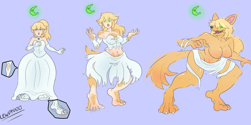 anthro barefoot base_one_layout basic_sequence big_breasts biped blonde_hair breasts clothing dress feet female growth hair human_to_anthro linear_sequence moon navel nipple_outline nipples one_row_layout open_mouth ponytail simple_background smile solo species_transformation standing surprised tail tail_growth three_frame_image three_frame_sequence torn_clothing transformation transformation_sequence lewdydoo mario_bros nintendo super_mario_odyssey princess_peach canid canine canis mammal wolf 2017 hi_res sequence