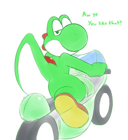 ambiguous_gender anthro bedroom_eyes biped closed_smile clothing dialogue driving footwear green_body green_eyes green_tail looking_at_viewer looking_back looking_back_at_viewer motorcycle mouth_closed multicolored_body narrowed_eyes orange_clothing orange_footwear orange_shoes raised_tail rear_view red_shell scales seductive shell shoes simple_background smile smirk solo tail tailbutt talking_to_viewer teasing teasing_viewer text thick_tail two_tone_body vehicle white_background white_body acstlu mario_bros mario_kart nintendo dinosaur green_yoshi prehistoric_species reptile scalie yoshi 2014 english_text hi_res