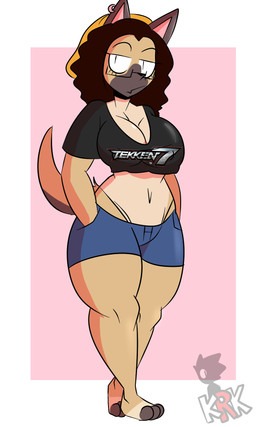 anthro barefoot big_breasts biped black_clothing black_crop_top black_shirt black_t-shirt black_topwear blue_bottomwear blue_clothing blue_shorts bottomwear breasts brown_hair cleavage clothed clothed_anthro clothed_female clothing crop_top ear_piercing ear_ring eyebrows eyelashes eyewear feet female glasses hair half-closed_eyes hand_in_pocket logo midriff mouth_closed narrowed_eyes navel piercing pockets ring_piercing shirt shorts small_waist solo t-shirt thick_thighs topwear wearing_glasses wide_hips kingretrokirby tekken_7 hypebae_(jinu) canid canine canis domestic_dog german_shepherd herding_dog mammal pastoral_dog 2018 artist_logo digital_drawing_(artwork) digital_media_(artwork) english_description full-length_portrait hi_res portrait