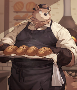 anthro apron backwards_baseball_cap backwards_hat baseball_cap black_apron black_clothing bread brown_body brown_fur clothed clothing detailed_background food fully_clothed fur handwear hat headgear headwear male oven_mitts overweight overweight_anthro overweight_male shirt solo topwear white_clothing white_shirt white_topwear yed bear mammal 2023 absurd_res digital_drawing_(artwork) digital_media_(artwork) hi_res