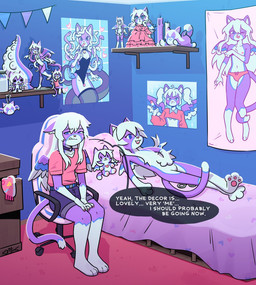 anthro awkward bed blush bodily_fluids body_pillow candle container countershading creepy cum detailed_background dipstick_tail doll feathered_wings feathers femboy figurine furniture genital_fluids gloves_(marking) hair inside jar leg_markings long_hair male male_anthro markings nipples pawpads pillow plushie poster sex_toy sitting socks_(marking) tail tail_markings text tongue tongue_out wings somik nicoya domestic_cat felid feline felis mammal 2025 english_text