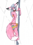 accessory anthro armband biped bottomwear clothed clothing clothing_pull collar countershading dancing dipstick_tail ear_piercing femboy front_view fur garter heart_symbol holding_fixture leg_markings male markings multicolored_tail nipple_piercing nipples orange_bottomwear orange_clothing panties panty_pull piercing pink_body pink_fur pole pole_dancing simple_background socks_(marking) solo standing tail tail_markings thong three-quarter_view topless two_tone_tail underwear underwear_pull white_background white_body white_countershading white_fur patches_namaki canid canine fox mammal marker_(artwork) portrait three-quarter_portrait traditional_media_(artwork)