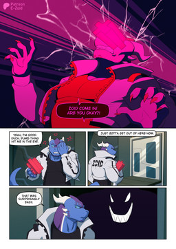 anthro blue_body blue_eyes claws clothing cybernetics cyberpunk dialogue duo finger_claws jacket machine male male/male muscular silhouette speech_bubble streetwear suit tail techwear text topwear e-zoid kiddie_jukes mythology hammer_(e-zoid) wao_(e-zoid) dragon mythological_creature mythological_scalie robot scalie shadow_creature absurd_res comic english_text hi_res