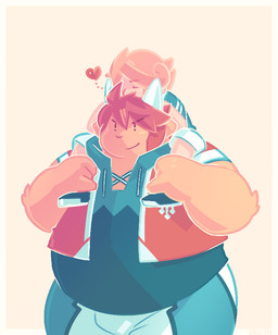 anthro biped bottomwear carrying_another clothing duo eyes_closed heart_symbol humanoid_hands male overweight overweight_male pants shirt simple_background topwear greenendorf mammal 2015