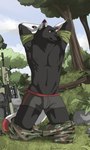 anthro black_body black_fur bulge clothing front_view fur grass gun kneeling male navel outside plant ranged_weapon red_eyes rifle rock sniper_rifle solo tree underwear weapon aquila_chrysaetos mitter-nacht canid canine canis mammal wolf 2020 3:5 hi_res signature