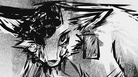 ambiguous_gender black_blood blood bodily_fluids brain colored_blood crying eye_socket feral fur gore hunting kemono lasso_art looking_at_viewer organs solo talisman tears unusual_blood unusual_bodily_fluids hachimitsufever canid canine canis mammal wolf 16:9 censored hi_res japanese_description monochrome mosaic_censorship widescreen