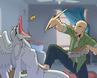 anthro bald barefoot blue_body blue_scales bone_frill bottomless bottomwear breasts clothed clothing dino_nugget duo eyes_closed faceless_character faceless_human faceless_male feathered_wings feathers feet female frill_(anatomy) grey_body grey_feathers grey_hair hair inside male male/female motion_lines open_mouth pants scales screencap screencap_background shirt shirt_only short_tail snout step_pose tail text tongue topwear topwear_only wings sahara_congo_bongo cavemanon_studios goodbye_volcano_high ko_op_(game_developer) snoot_game anon_(snoot_game) fang_(gvh) human mammal prehistoric_species pterosaur reptile scalie 5:4 colored english_text hi_res