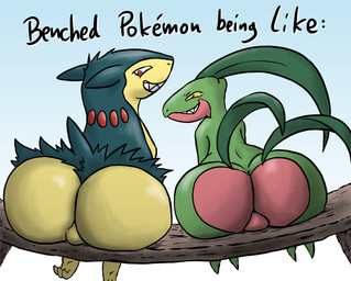 anthro balls bench big_butt bubble_butt butt duo genitals huge_butt leaf leaf_hair leaf_tail looking_at_viewer looking_back looking_back_at_viewer male plant plant_hair pseudo_hair rear_view semi-anthro sitting smile smirk tail text macro710 thatweirdguy nintendo pokemon barnim_the_grovyle brand_the_typhlosion generation_2_pokemon generation_3_pokemon grovyle pokemon_(species) typhlosion english_text
