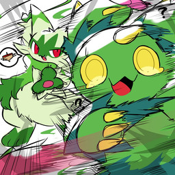 3_fingers ambiguous_gender anthro blush blush_lines claws duo finger_claws fingers fur green_body green_ears green_fur jagged_mouth motion_lines open_mouth pawpads paws plant red_eyes yellow_eyes tontaro nintendo pokemon elemental_creature felid feline flora_fauna floragato generation_5_pokemon generation_9_pokemon mammal maractus pokemon_(species) 1:1 2025
