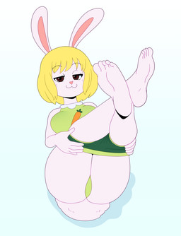 5_toes :3 anthro barefoot bedroom_eyes blonde_hair bottomwear bottomwear_down breasts butt carrot cat_smile clothed clothing cotton_tail crossed_ankles feet female food foot_focus fur hair humanoid_feet humanoid_hands legs_up narrowed_eyes panties partially_clothed plant plantigrade pulling_pants_down seductive shirt shorts shorts_down smile smug soles solo toes topwear underwear vegetable white_body white_fur somescrub one_piece carrot_(one_piece) lagomorph leporid mammal minkmen_(one_piece) rabbit digital_drawing_(artwork) digital_media_(artwork) hi_res