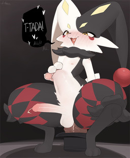 anal anal_penetration anthro balls biped blush clothing crouching dialogue genitals hat headgear headwear looking_pleasured male male_penetrated multicolored_body penetration penis pupils smile speech_bubble text thick_thighs white_body homuro dupin_(pal) hi_res