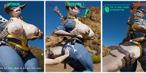 accessory angry anthro bag big_breasts bodily_fluids breasts butt butt_grab clothed clothing dialogue duo exposed_breasts female furgonomics gun hand_on_butt horn huge_breasts looking_at_viewer looking_back nipples offscreen_character open_clothing partially_clothed ranged_weapon solo_focus surprised sweat sweaty_breasts tail tail_accessory tail_bag weapon potatotime vulgarvictor_(modeler) fallout microsoft mommyclaw_(vulgarvictor) deathclaw human mammal scalie 3d_(artwork) absurd_res blender_(artwork) digital_media_(artwork) hi_res watermark