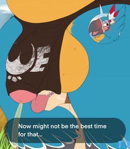 anthro balls balls_on_face beak big_balls big_penis blue_body blue_feathers blush bodily_fluids bottomwear clothing cutaway dialogue duo feathers foreskin genital_fluids genitals grey_beak humanoid_genitalia ineffective_clothing ineffective_loincloth loincloth male male/male male_peeing multicolored_body multicolored_feathers peeing penis speech_box text these_aren't_my_glasses tongue tongue_out urine watersports yellow_body yellow_feathers bluutheferret breath_of_the_wild nintendo the_legend_of_zelda kass_(tloz) kit_(racckiteering) avian mammal procyonid raccoon rito 2025 digital_media_(artwork) english_text hi_res