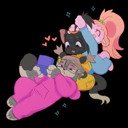 :< anthro anthro_on_anthro black_background blush clothing countershading eyewear glasses group hair hair_up happy heart_symbol inner_ear_fluff onesie open_:3 personal_grooming ponytail simple_background sparkles styling_hair tail tongue tongue_out trio tuft hamsterscooter biscuit_(chewtoyys) starburst_(catgenderzz) yarn_(snowwhisk) domestic_cat felid feline felis mammal pantherine snow_leopard 1:1 2025 hi_res nonbinary_(lore)