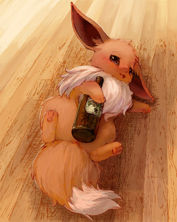 alcohol ambiguous_gender beverage blush brown_body brown_fur chest_tuft detailed_background dipstick_tail drunk feet feral floor food fur hindpaw looking_at_viewer lying markings on_back paws quadruped solo substance_intoxication tail tail_markings toony tuft toycat nintendo pokemon canid canine eevee generation_1_pokemon mammal pokemon_(species) detailed
