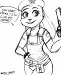 anthro clothing cosplay costume dialogue eyelashes female gun hat headgear headwear ranged_weapon solo speech_bubble text weapon noodle-lu capcom disney resident_evil zootopia jill_valentine judy_hopps lagomorph leporid mammal rabbit 2016 black_and_white crossover english_text hi_res monochrome