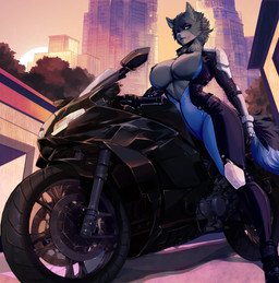 anthro big_breasts black_clothing black_motorcycle black_nipples blue_clothing blue_eyes blue_markings blue_nose bodysuit breasts city city_background clothed clothing exposed_breasts eyebrows female fur grey_body grey_fur looking_at_viewer low-angle_view markings motorcycle nipples on_motorcycle pose racing_suit serious skinsuit solo standing tail thick_thighs tight_clothing unzipped_bodysuit vehicle faolche null_(nullthewolf) canid canine canis mammal wolf hi_res