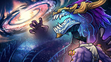 clothed clothing duo fingers glowing glowing_eyes hair muscular open_mouth purple_body purple_skin teeth white_clothing miyuart league_of_legends mythology riot_games tencent aurelion_sol_(lol) dr._mundo_(lol) dragon human mammal mythological_creature mythological_scalie scalie star_dragon hi_res