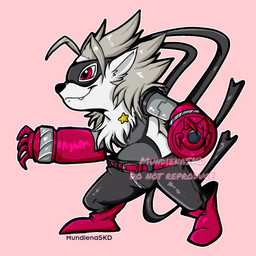 anthro belt bottomwear chibi clothing cybernetic_arm cybernetic_limb fangs female footwear fur grey_body grey_fur grey_hair hair mask mechanical_arm pants red_eyes shoes solo star teeth white_body white_fur zipper mundienaskd bandai_namco digimon digimon_beatbreak digimon_(species) wolvermon 1:1 2025 digital_media_(artwork) hi_res