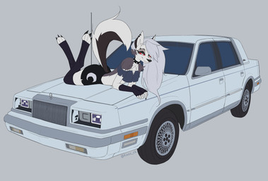 1980s_theme anthro car classic_car female fur grey_background grey_body grey_fur looking_at_viewer lying on_front pose simple_background smile solo vehicle vintage_car kaaz_ck chrysler chrysler_new_yorker hellaverse helluva_boss stellantis_n.v. loona_(helluva_boss) hi_res pinup
