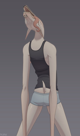 anthro clothing eyeless grey_background hairless horror_(theme) long_arms long_legs male male_anthro open_mouth rear_view scary shirt simple_background skinny slim slim_anthro solo tail tank_top tongue tongue_out topwear underwear masonparker harrow_(masonparker) canid mammal monster hi_res