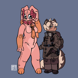 angry anthro backpack band-aid band-aid_on_face bandage bandage_on_face bell bell_collar belt big_collar black_ears black_highlights blush breasts brown_body brown_skin circle_eyebrows clothed clothed_anthro clothed_male clothing collar cowlick duo ear_bow eyebrows eyeshadow eyewear featureless_breasts featureless_crotch female floppy_ears fur goggles gun hair handgun highlights_(coloring) holding_firearm long_ears lop_ears makeup male male/female overcoat pink_body pink_fur pistol plushie pockets post-apocalyptic ranged_weapon ribbons scut_tail short_tail simple_background skunk_tail standing stitch_(sewing) tail weapon white_hair yellow_body yellow_fur young young_anthro young_male zipper zipper_pull_tab appl mortimer_(kazukio) ms._muffin_(kazukio) animate_inanimate lagomorph leporid living_clothing living_costume living_fursuit living_plushie mammal mephitid rabbit skunk 1:1 absurd_res flat_colors hi_res