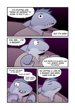 anthro clothing dialogue eyes_closed four_frame_image frown gills green_hair grey_clothing grey_shirt grey_topwear hair male mitten_hands mohawk neck_fin sad sharp_teeth shirt solo teeth teeth_showing text the_truth topwear t0l0k isaac_(t0l0k) aquatic fish shark comic english_text hi_res multiple_scenes
