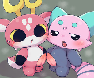 2_horns anthro antlers balls beady_eyes big_pupils biped blue_body bodily_fluids chibi countershading cute_fangs dilated_pupils duo fangs genitals grey_background horn looking_at_genitalia looking_at_penis male male/male male_anthro markings multicolored_body open_mouth penis pink_body plantigrade pupils short short_anthro short_male simple_background striped_markings striped_tail stripes sweat sweatdrop tail tail_markings tapering_penis teeth three-quarter_view tongue_showing two_tone_body white_body white_countershading yellow_sclera young young_anthro young_male badwingm ailurid deer mammal red_panda 2026 cel_shading character_request digital_drawing_(artwork) digital_media_(artwork) hi_res shaded