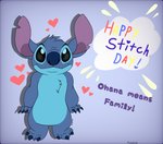 3_toes black_eyes blue_body blue_claws blue_fur blue_nose chest_tuft claws feet front_view fur head_tuft heart_symbol looking_at_viewer notched_ear simple_background smile solo text toe_claws toes tuft foxolate disney lilo_and_stitch stitch_(lilo_and_stitch) alien experiment_(lilo_and_stitch) 2020 english_text hawaiian_text hi_res signature translated