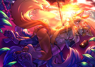 anthro beach big_breasts bikini bodily_fluids breast_squish breasts breasts_frottage butt clothed clothing duo female female/female fur genital_fluids genitals hair kissing luna-chan_(luna-chan) nari_(nari) nipples sand sex smile squish sunset swimwear tail tongue two-piece_swimsuit vaginal vulva water yukocamicats canid canine canis fox mammal absurd_res digital_media_(artwork) hi_res