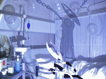 2_horns ambiguous_gender balloon bandage bed black_body black_eyes curtains empty_eyes fingers furniture horn hospital inflatable iv_bag on_bed pillow shadow solo delusion_lepton hollow_knight_(franchise) team_cherry hollow_knight_(character) arthropod vessel_(species) 2026 digital_media_(artwork) mixed_media