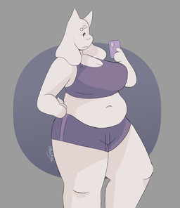 2_horns anthro arms_bent belly belly_overhang big_breasts black_eyes bottomwear breasts cellphone circle circle_eyebrows cleavage closed_smile clothed clothing crop_top dot_eyes electronics eyebrows eyelashes female female_anthro floppy_ears fur grey_background holding_cellphone holding_object holding_phone horn hotpants looking_at_cellphone looking_at_object looking_at_phone lop_ears midriff mitten_hands mouth_closed phone purple_bottomwear purple_clothing purple_crop_top purple_hotpants purple_shirt purple_shorts purple_topwear shirt shorts simple_background simple_eyes slightly_chubby slightly_chubby_anthro slightly_chubby_female smartphone smile solo standing tail text thick_thighs topwear white_body white_eyebrows white_fur white_horn white_tail buleruby undertale_(series) toriel boss_monster_(undertale) bovid caprine mammal 2025 absurd_res artist_name cel_shading colored digital_drawing_(artwork) digital_media_(artwork) hi_res portrait redraw shaded three-quarter_portrait