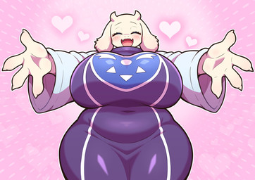 anthro arms_out belly big_breasts blush breasts clothing eyes_closed fangs female female_anthro floppy_ears fluffy_ears front_view fur heart_symbol huge_breasts imminent_hug long_sleeves navel_outline open_mouth open_smile purple_clothing robe slightly_chubby smile solo teeth thick_thighs white_body white_clothing white_fur wide_hips sigruku undertale_(series) toriel boss_monster_(undertale) bovid caprine goat mammal 2026 digital_drawing_(artwork) digital_media_(artwork) hi_res
