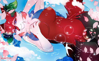 alternate_color anthro asian_clothing bath breasts clothing east_asian_clothing female flower japanese_clothing kimono nipples non-mammal_nipples plant relaxing solo tail wet ignitus_(artist) nintendo pokemon fan_character braixen generation_6_pokemon pokemon_(species) digital_media_(artwork) hi_res ibispaint_(artwork)