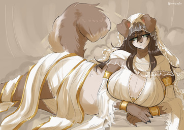 anthro belly big_breasts bracelet breasts claws clothing cosplay curled_tail female floppy_ears fluffy fluffy_tail gold_(metal) gold_bracelet gold_jewelry hair headgear headwear huge_breasts jewelry long_hair lying markings mole_(marking) navel on_side robe slightly_chubby slightly_chubby_female smile solo tail thick_thighs veil wide_hips iwaiz dark_souls fromsoftware brie_(iwaiz) gwynevere canid canine canis caucasian_mountain_dog domestic_dog herding_dog livestock_guardian_dog mammal molosser mountain_dog pastoral_dog absurd_res hi_res
