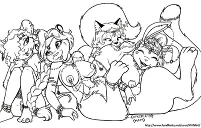 anal anthro big_breasts breasts female female/female group hand_on_another's_butt hand_on_butt harem harem_outfit laugh looking_pleasured nipple_piercing nipples nude oral piercing rimming sex tail text vaginal vkyrie canid canine domestic_cat felid feline felis fox lagomorph leporid mammal mouse murid murine rabbit rodent taur monochrome url