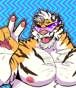 anthro barazoku eyebrows eyewear gesture hair hand_gesture male nipples pattern_background pecs purple_eyewear purple_sunglasses simple_background smile smiling_at_viewer solo stripes sunglasses thick_eyebrows tongue tongue_out triangle_shades v_sign white_hair pkvibyn ryker_(pkvibyn) felid mammal pantherine tiger 2025 bust_portrait colored digital_media_(artwork) portrait