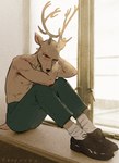 anthro antlers bottomwear brown_body brown_fur clothed clothing footwear fur horn male pants partially_clothed shoes sitting socks solo topless window window_sill tsupunya beastars louis_(beastars) cervine deer mammal red_deer hi_res