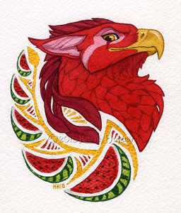 art_nouveau beak feathers feral food fruit melon orange_eyes plant red_body red_feathers smile solo watermelon katie_hofgard avian bird 2018 headshot_portrait portrait traditional_media_(artwork)