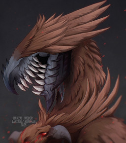 ambiguous_form ambiguous_gender brown_body brown_feathers duo eyeless feathers open_mouth sharp_teeth simple_background teeth text santanahoffman species_request 2025 artist_name dated