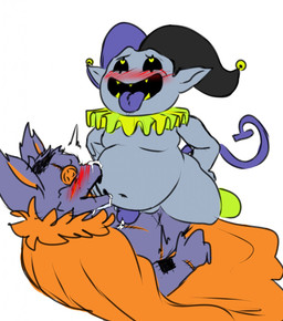ahegao anal anal_penetration anthro anthro_penetrating anthro_penetrating_humanoid balls bell belly belly_expansion big_belly biped black_nose black_sclera blue_tongue blush bodily_fluids button_(fastener) cape cheek_tuft clothed clothing cowgirl_position cum cum_inflation cum_inside cum_on_belly cum_on_body cum_on_face cum_on_partner cum_on_partner's_face cum_on_snout cum_while_penetrated curling_tail duo ejaculation emanata expansion eye_roll facial_tuft fool's_hat footwear from_front_position fur fur_tuft genital_fluids genitals glans grey_balls grey_body grey_skin hands-free hat headgear headwear humanoid_genitalia humanoid_on_anthro humanoid_penetrated humanoid_penis humanoid_pointy_ears inflation jester looking_at_another looking_at_partner looking_pleasured looking_up lying male male/male male_on_bottom male_on_top male_penetrated male_penetrating male_penetrating_male mostly_nude multicolored_body multicolored_fur navel on_back on_bottom on_top open_mouth open_smile orange_body orange_fur orgasm overweight overweight_male pale_skin partially_clothed penetration penile penile_penetration penis plushie pointy_ears purple_body purple_fur purple_glans purple_tail ruff_(clothing) sewn_mouth sex sharp_teeth shoes simple_background smile snout spread_legs spreading straddling tail teeth tongue tongue_out tuft two_tone_body two_tone_fur white_background yellow_eyes yellow_teeth mrti deltarune undertale_(series) jevil_(deltarune) seam_(deltarune) animate_inanimate darkner domestic_cat felid feline felis humanoid imp living_plushie mammal 2018 digital_drawing_(artwork) digital_media_(artwork) hi_res
