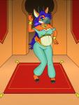 anthro belly belly_dancing carpet clothed clothing female looking_at_viewer potbelly pregnant pregnant_anthro pregnant_female solo barn-flakes antelope bovid gazelle mammal hi_res